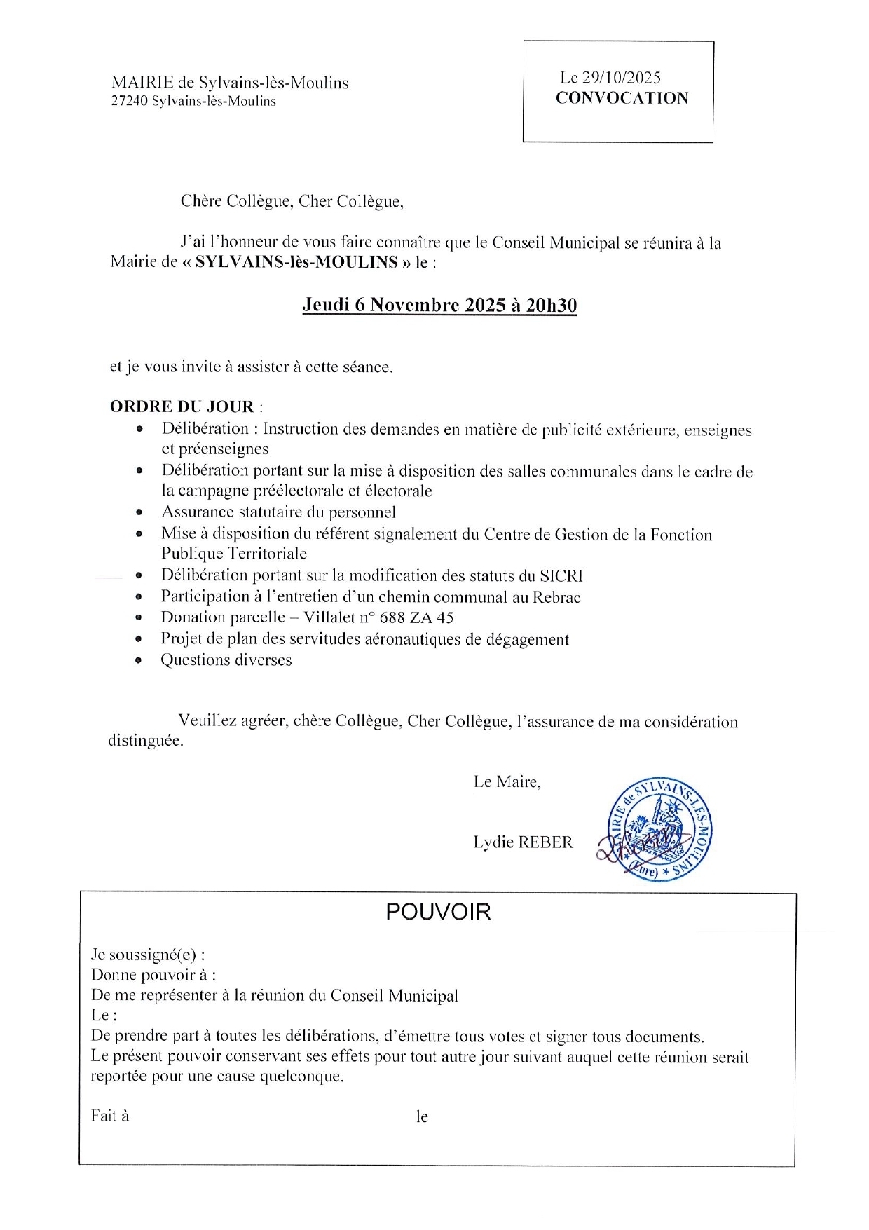 Convocation réunion CM 06-11-2025